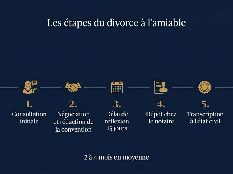 Diagramme visuel sur la procédure de divorce à l'amiable avec avocat sur Paris